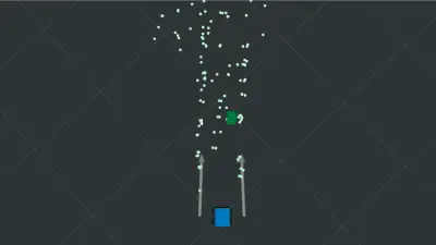 Imaging-Radarsystem  von Bosch Engineering, automatisierte Landmaschinen, Gefilterte Punktewolke mit erkannter Fahrspur (graue Pfeile) und beweglichem Objekt (grünes Quadrat)