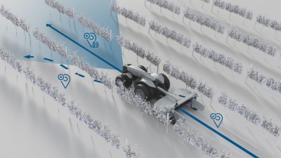 A modern vineyard tractor with ADAS technology for automation and precise tracking
