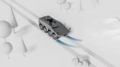 3D-Grafik eines Militärfahrzeugs zur Visualisierung der Lösungen für Antrieb und Fahrzeugdynamik