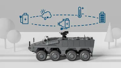 3D-Grafik eines Militärfahrzeugs und Darstellung der berücksichtigten Einflussgrößen für das Bordnetz- und Engergiemanagement