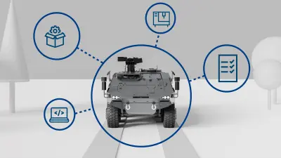 3D-Grafik eines Militärfahrzeugs mit Icons, die die Engineering-Dienstleistungen und Serienintegration symbolisieren