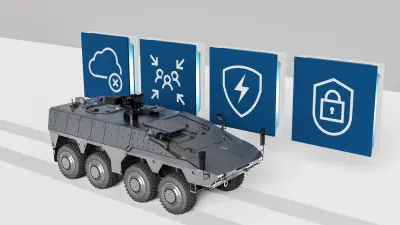 3D-Grafik eines Militärfahrzeugs mit Icons, die die Fahrzeugelektronik und Systemarchtiektur symbolisieren