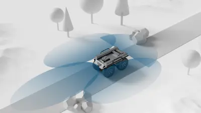 3D-Grafik eines Militärfahrzeugs mit Darstellung der Erfassungsbereiche von Radar, Kamera und Ultraschallsensoren für die Umfelderkennung und Automatisierung