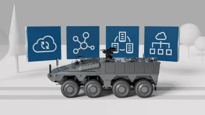 3D-Grafik eines Militärfahrzeugs mit Icons, die die Vernetzung und digitale Dienste symbolisieren