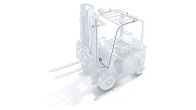 Computer graphic of a forklift truck with driver assistance: near-range cameras, control unit, and wiring.