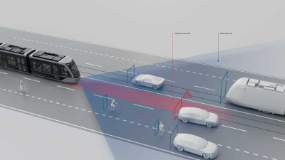 3D-Grafik einer Straßenbahn mit Fahrerassistenzsystem Tram Forward Assist, das vor Frontalkollision warnt