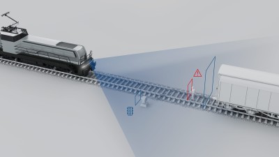 3D-Grafik einer Rangierlokomotive mit Assistenzsystem Shunting Forward Assist, das Waggons, Personen im Gleisbereich und Signale erkennt