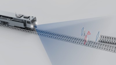 3D-Grafik eines Wartungsfahrzeugs der Bahn mit Assistenzsystem Maintenance Vehicle Forward Assist, das Personen und Hindernisse im Gleisbereich erkennt