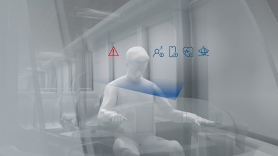 3D-Grafik eines Straßenbahn-Führerstands mit Icons, die die Überwachungsfunktionen symbolisieren
