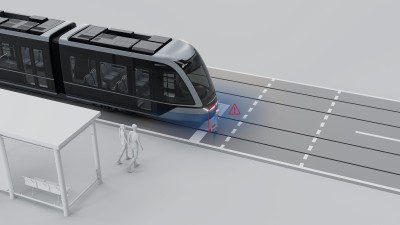 3D-Grafik einer Straßenbahn mit Fahrerassistenzsystem Tram Near Range Assist, das Personen vor dem Fahrzeug erkennt