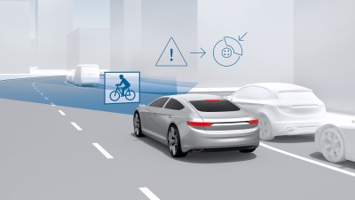 3D graphic showing the automatic emergency braking due to unprotected road users