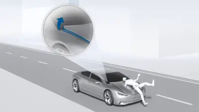 Passive Sicherheitssysteme: Fußgängerschutz und VRU-Schutz durch fahrzeugspezifische Schutzmechanismen (z. B. Anhebung der Motorhaube). Das System sorgt für eine bedarfsgerechte Aktivierung des Sicherheitsrückhaltesystems. Erkennung von eventuellen Überschlägen mit Überschlagsensor. Peripherer Sensor für Seitenaufprallerkennung. 