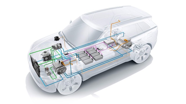 Schematische Darstellung des Thermomanagements in einem SUV mit E-Motor.
