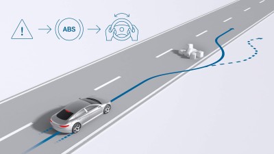 Schematic representation of a vehicle with antilock braking system (ABS) avoiding an obstacle