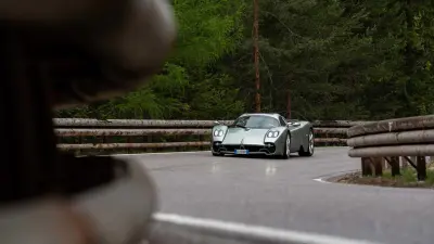 The Pagani Utopia Roadster with Cyber Tyre technology on the mountain pass.