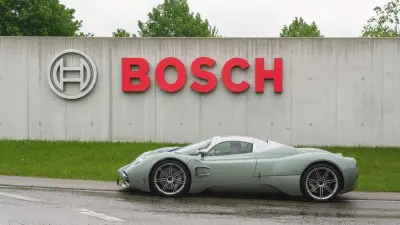 Pagani Utopia Roadster from the Cyber Tyre Roadtrip in front of the Bosch logo in Abstatt.